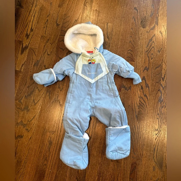 FISHER PRICE Baby Boy Snow Suit SZ 12M VTG 1985 USA Blue Ticking Stripe Ruffles - Picture 1 of 12